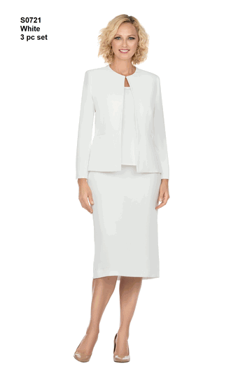 Giovanna <br> (2026) <br> GVS0721-Wh <br> <br> White <br> 8 10 12 14 16 18<br>14w 16w 18w 20w 22w 24w 26w 28w<br><br>3 Piece Round Neck Clean Lines Detailed Skirt Suit