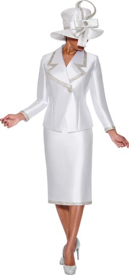 GMI Fancies <br> (Fall 2025) <br> G9872 <br> <br> White <br> 8 10 12 14 16 18 <br> 16w 18w 20w 22w 24w<br>  26w 28w 30w <br><br> 2 Piece Skirt Suit - Twill