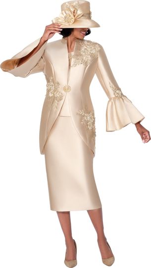 GMI Fancies <br> (Fall 2025) <br> G400603 <br> <br> Gold <br> 8 10 12 14 16 18 <br> 16w 18w 20w 22w 24w<br>  26w 28w 30w <br><br> 3 Piece Skirt Suit - Twill