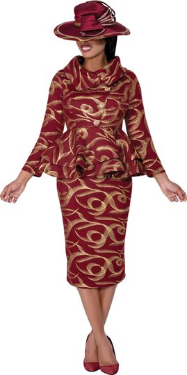GMI Fancies <br> (Fall 2025) <br> G400632 <br> <br> Burgundy/Gold <br> 8 10 12 14 16 18 <br> 16w 18w 20w 22w 24w<br>  26w 28w 30w <br><br> 2 Piece Skirt Suit - Mesh