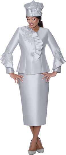 GMI Fancies <br> (Fall 2025) <br> G400862 <br> <br> Silver <br> 8 10 12 14 16 18 <br> 16w 18w 20w 22w 24w <br><br> 2 Piece Skirt Suit - Twill