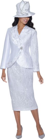 GMI Fancies <br> (Spring 2025) <br> G400932 <br> <br> White <br><br> 2 Piece Skirt Suit <br> Lace & Twill