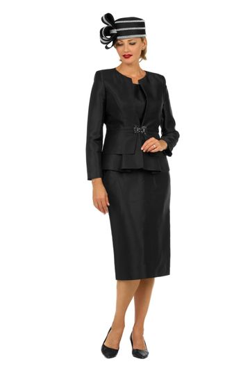 Giovanna <br> (2025) <br> GV0978 <br> <br> Black <br> 8 10 12 14 16 18 <br> 16w 18w 20w 22w 24w 26w <br><br>3pc Silky Twill Collarless Peplum Jacket Skirt Suit