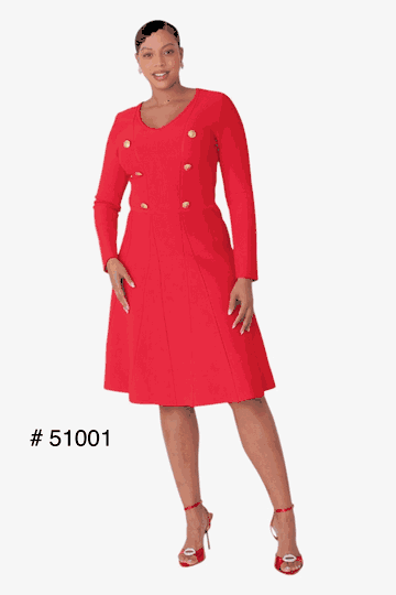 Kayla <br> (2025) <br> KA51001 <br> <br> Red <br> S M L XL 1x  2x<BR><BR>V-Neck Knit Dress with Gold Button Details