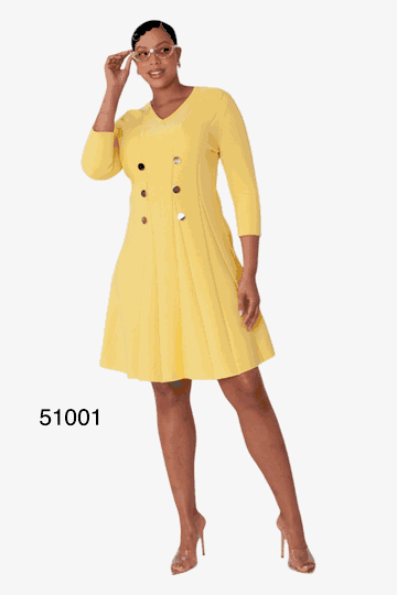 Kayla <br> (2025) <br> KA51001 <br> <br> Yellow <br> S M L XL 1x  2x<BR><BR>V-Neck Knit Dress with Gold Button Details
