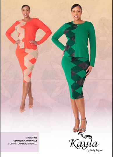 Kayla <br> (2025) <br> KA5365 <br> <br> Orange  <br>  Emerald <br> 6 8 10 12 14 16 18 20 22 24<br><br>Geometric <br> 2 Piece KNIT Skirt Suit