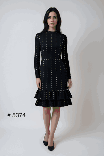 Kayla <br> (2025) <br> KA5374 <br> <br> Black <br> 6 8 10 12 14 16 18 20 22 24<BR><BR>Knit Studded Dress, Tiered Ruffle Hem & Stud Detailing