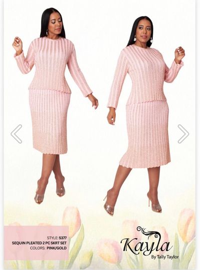 Kayla <br> (2025) <br> KA5377 <br> <br> Pink/Gold <br> 6 8 10 12 14 16 18 20 22 24<br><br>Sequin Pleated <br>  2 Piece KNIT Skirt Suit