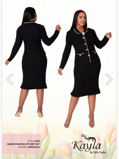 Kayla <br> (2025) <br> KA5378 <br> <br> Black <br> 6 8 10 12 14 16 18 20 22 24<br><br>Sequin Pleated <br>  2 Piece KNIT Skirt Suit