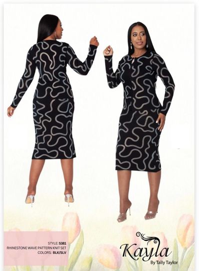 Kayla <br> (2025) <br> KA5381 <br> <br> Black/Silver <br> 8 10 12 14 16 18 20 22 24<BR><BR>Rhinestone Wave Pattern Knit Skirt Suit