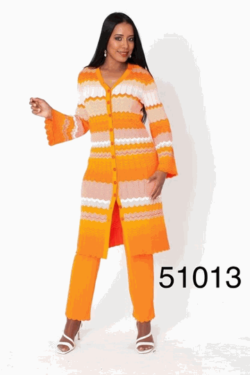 Kayla <br> (2026) <br> KA51013 <br> <br> Orange <br> S M L XL 1x 2x<BR><BR>Chevron Knit Dress & Pant Set