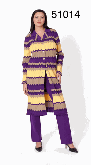 Kayla <br> (2026) <br> KA51014 <br> <br> Purple <br> S M L XL 1x 2x<BR><BR>Striped Knit Duster Pant Set�w/Long Button-front Jacket & Coordinating Pants