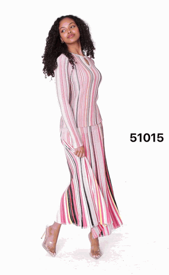 Kayla <br> (2026) <br> KA51015 <br> <br> Pink/Multi <br> S M L XL 1x 2x<BR><BR>Multicolor Stripe Fitted Lonf Sleeve Knit Top & Flowing Skirt Set