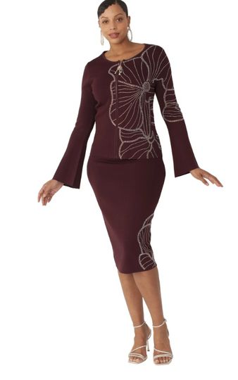 Kayla <br> (2026) <br> KA5345 <br> <br> Burgundy <br> 6 8 10 12 14 16 18 20 22 24<BR><BR>Floral Rhinestone Knit Skirt Set