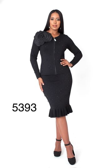 Kayla <br> (2026) <br> KA5393 <br> <br> Black <br>  8 10 12 14 16 18 20 22<BR><BR>2 Piece Knit Skirt Suit w/3D Shoulder Applique and Delicate Pearl Studs & Accents on the Jacket & Skirt w/Jeweled Zipper Pull