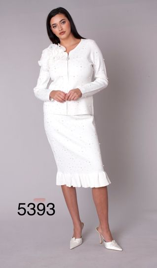 Kayla <br> (2026) <br> KA5393 <br> <br> White <br>  8 10 12 14 16 18 20 22<BR><BR>3 Piece Knit Skirt Suit w/3D Shoulder Applique and Delicate Pearl Studs & Accents on the Jacket & Skirt w/Jeweled Zipper Pull