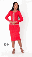 Kayla <br> (2026) <br> KA5394 <br> <br> Red <br>  8 10 12 14 16 18 20 22 24<BR><BR>2 Piece Knit Skirt Suit w/Elaborate Rhinestone & Stud Embellishment on Jacket & Skirt w/Zipper Pull Closure