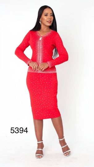 Kayla <br> (2026) <br> KA5394 <br> <br> Red <br>  8 10 12 14 16 18 20 22 24<BR><BR>2 Piece Knit Skirt Suit w/Elaborate Rhinestone & Stud Embellishment on Jacket & Skirt w/Zipper Pull Closure