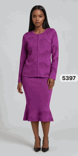 Kayla <br> (2026) <br> KA5397 <br> <br> Lilac <br> 6 8 10 12 14 <br> 16 18 20 22 24<BR><BR>Rhinestone Zip Front Knit Jacket & Flared Hem Skirt Set