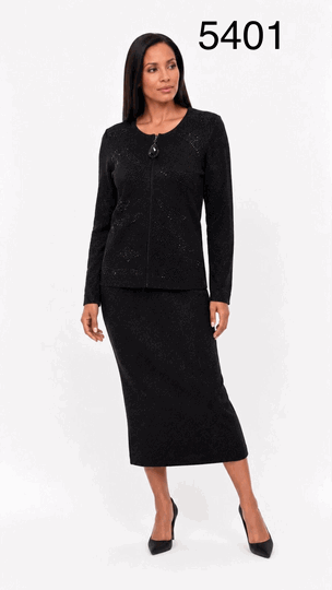 Kayla <br> (2026) <br> KA5401-Bl <br> <br> Black <br> 6 8 10 12 14 16 18 20 22 24 <BR><BR>Jeweled Detail Knit Skirt Suit