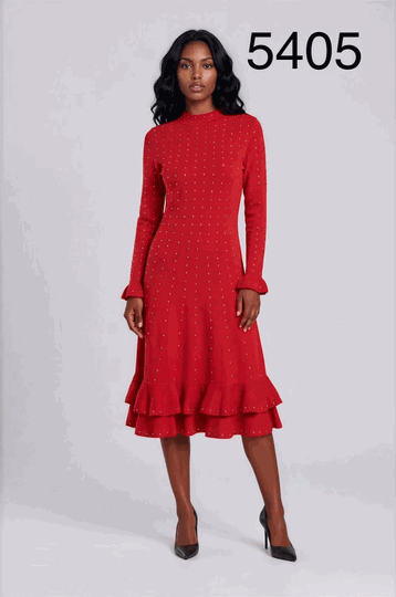 Kayla <br> (2026) <br> KA5405 <br> <br> Red <br> 6 8 10 12 14 16 18 20 22 24 <BR><BR>Studded Knit Midi Dress with Ruffle Cuffs & Tiered Ruffle Hem