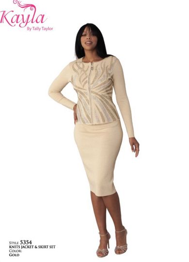 Kayla <br> (Fall 2024) <br> KA5354 <br> <br> Gold <br> 10 12 14 16 18 20 22 24<br><br>2 Piece KNIT Skirt Suit