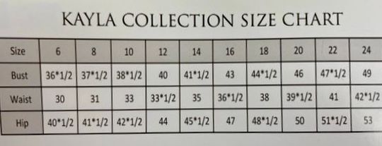 KAYLA <BR> SIZE CHART <br>Click To Enlarge