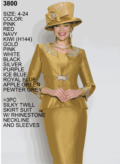 Lily & Taylor <br> (Volume 133) <br> LT3800 <br> <br>  Pink   <br>  Red   <br>  Navy   <br>  Kiwi     <br>  Gold   <br>  Pink   <br>  White   <br>  Black   <br>  Silver   <br>  Purple   <br>  Ice-Blue   <br>  Royal-Blue   <br>  Apple-Green   <br>  Pewter-Grey <br>  4 6 8 10 12 14 16 18 20 22 24 <BR><BR> 3PC Silky Twill Skirt Suit with Rhinestone Neckline and Sleeves