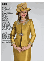 Lily & Taylor <br> (Volume 136) <br> LT3800 <br> <br> RED <br>  KIWI <br>  NAVY <br>  GOLD <br>  BLACK <br>  WHITE <br>  SILVER <br>  PURPLE <br>  ICE-BLUE <br>  APPLE-GREEN <br>  PEWTER-GREY <br> 4 6 8 10 12 14 16 18 20 22 24<BR><BR>3Pc Silky Twill Skirt Suit w/Rhinestone Trimming On Jacket
