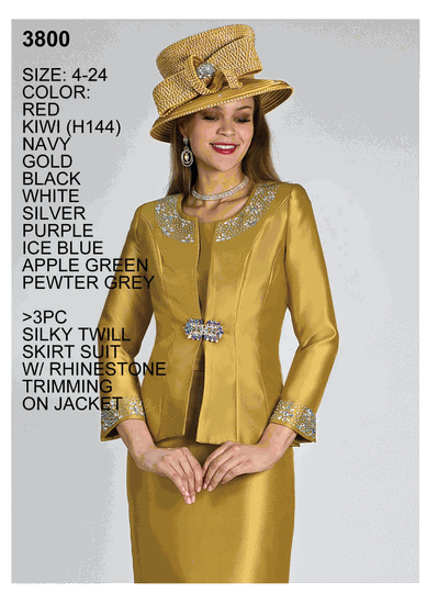 Lily & Taylor <br> (Volume 136) <br> LT3800 <br> <br> RED <br>  KIWI <br>  NAVY <br>  GOLD <br>  BLACK <br>  WHITE <br>  SILVER <br>  PURPLE <br>  ICE-BLUE <br>  APPLE-GREEN <br>  PEWTER-GREY <br> 4 6 8 10 12 14 16 18 20 22 24<BR><BR>3Pc Silky Twill Skirt Suit w/Rhinestone Trimming On Jacket