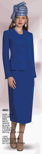 Lily & Taylor <br> (Volume 136) <br> LT4063 <br> <br> RED <br>  NAVY <br>  WHITE <br>  BLACK <br>  ICE-BLUE <br>  LAVENDER <br>  ROYAL-BLUE <br> 4 6 8 10 12 14 16 18 20 22 24<BR><BR>2Pc Jacket And Skirt Set With Cover Buttons In French Crepe Fabric