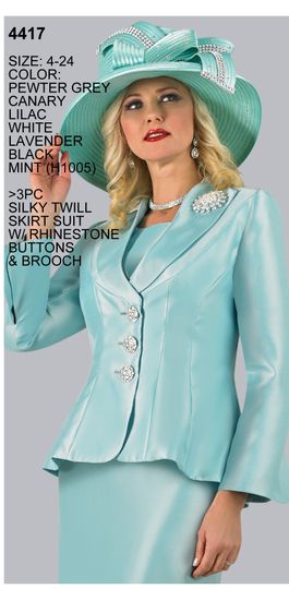 Lily & Taylor <br> (Spring/Summer Vol 128) <br> LT4417 <br> <br> Pewter-Grey  <br>  Lavender  <br>  Canary  <br>  Black  <br>  White  <br>  Lilac  <br>  Mint  <br> <BR><BR>3 Pc. Silky Twill Skirt Suit w/Rhinestone Buttons