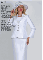 Lily & Taylor <br> (Volume 136) <br> LT4417 <br> <br> LILAC <br>  WHITE <br>  BLACK <br>  LAVENDER <br>  PEWTER-GREY <br> 4 6 8 10 12 14 16 18 20 22 24<BR><BR>3Pc Silky Twill Skirt Suit w/Rhinestone Closure & Brooch