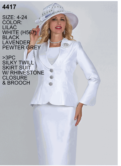 Lily & Taylor <br> (Volume 136) <br> LT4417 <br> <br> LILAC <br>  WHITE <br>  BLACK <br>  LAVENDER <br>  PEWTER-GREY <br> 4 6 8 10 12 14 16 18 20 22 24<BR><BR>3Pc Silky Twill Skirt Suit w/Rhinestone Closure & Brooch
