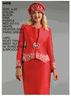 Lily & Taylor <br> (Spring/Summer Vol 128) <br> LT4498 <br> <br> Pewter-Grey  <br>  Paris-Green  <br>  Purple  <br>  Black  <br>  White  <br>  Pink  <br>  Red <br> <BR><BR>3 Pc. Silky Twill Skirt Suit w/Rhinestone Trim & Brooch Closure