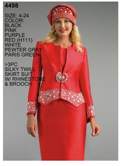 Lily & Taylor <br> (Spring/Summer Vol 128) <br> LT4498 <br> <br> Pewter-Grey  <br>  Paris-Green  <br>  Purple  <br>  Black  <br>  White  <br>  Pink  <br>  Red <br> <BR><BR>3 Pc. Silky Twill Skirt Suit w/Rhinestone Trim & Brooch Closure