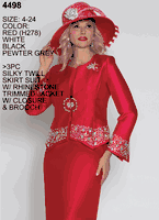 Lily & Taylor <br> (Volume 133) <br> LT4498 <br> <br> Red  <br>     White   <br>  Black   <br>  Pewter  <br>  Grey   <br>  4 6 8 10 12 14 16 18 20 22 24 <BR><BR> 3PC Silky Twill Skirt Suit with Rhinestone Trimmed Jacket with Closure & Brooch