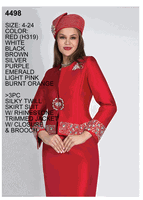 Lily & Taylor <br> (Volume 136) <br> LT4498 <br> <br> RED <br>  WHITE <br>  BLACK <br>  BROWN <br>  SILVER <br>  PURPLE <br>  EMERALD <br>  LIGHT-PINK <br>  BURNT-ORANGE <br> 4 6 8 10 12 14 16 18 20 22 24<BR><BR>3Pc Silky Twill Skirt Suit w/Rhinestone Trimmed Jacket w/Closure & Brooch