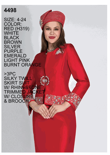 Lily & Taylor <br> (Volume 136) <br> LT4498 <br> <br> RED <br>  WHITE <br>  BLACK <br>  BROWN <br>  SILVER <br>  PURPLE <br>  EMERALD <br>  LIGHT-PINK <br>  BURNT-ORANGE <br> 4 6 8 10 12 14 16 18 20 22 24<BR><BR>3Pc Silky Twill Skirt Suit w/Rhinestone Trimmed Jacket w/Closure & Brooch