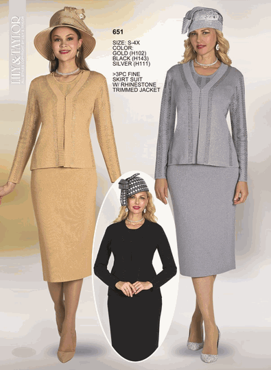 Lily & Taylor <br> (Volume 136) <br> LT651 <br> <br> GOLD <br>  BLACK <br>  SILVER <br> S M L XL 1x 2x 3x 4x<BR><BR>3Pc Fine Skirt Suit w/Rhinestone Trimmed Jacket