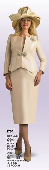 Lily & Taylor <br> (Fall/Holiday 2025 Vol. 132) <br> LT4707 <br> <br> White  <br>  Black  <br>  Ice-Blue  <br>  Gold <br> 4 6 8 10 12 14 16 <br> 18 20 22 24<BR><BR>3 Piece Silky Twill Skirt Suit w/Rhinestone Closure & Brooch