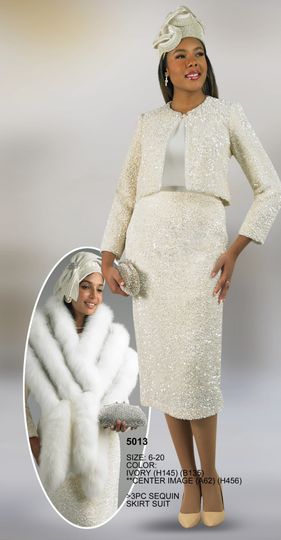 Lily & Taylor <br> (Fall/Holiday 2025 Vol. 132) <br> LT5013 <br> <br> Ivory <br> 6 8 10 12 14 16 18 20<BR><BR>3 Piece Sequin Skirt Suit