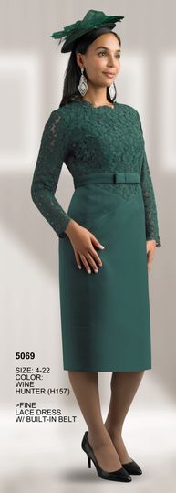 Lily & Taylor <br> (Fall/Holiday 2025 Vol. 132) <br> LT5069 <br> <br> Hunter-Green <br> 4 6 8 10 12 14 16 <br> 18 20 22<BR><BR>Fine Lace Dress w/Built-in Belt
