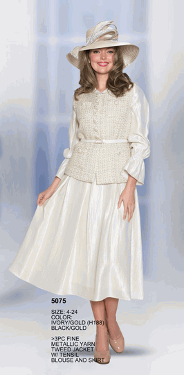 Lily & Taylor <br> (Volume 134) <br> LT5075 <br> <br> Ivory/Gold  <br>  Black/Gold <br> 4 6 8 10 12 14<br>   16 18 20 22 24<BR><BR>3 Pc Fine Metallic Yarn Tweed Jacket w/Tencel Blouse & Skirt