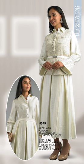 Lily & Taylor <br> (Fall/Holiday 2025 Vol. 132) <br> LT5075 <br> <br> Black/Gold  <br>  Ivory/Gold <br> 4 6 8 10 12 14 16 <br> 18 20 22 24<BR><BR>3 Piece Fine Metallic Yarn Tweed Jacket w/Tensil Blouse & Skirt