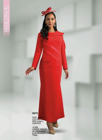 Lily & Taylor <br> (Fall/Holiday 2025 Vol. 132) <br> LT5079 <br> <br> Red  <br>  Hunter-Green <br> 4 6 8 10 12 14 16 <br> 18 20 22 24<BR><BR>Fine Crepe Dress w/Organza & w/Rhintone Trim