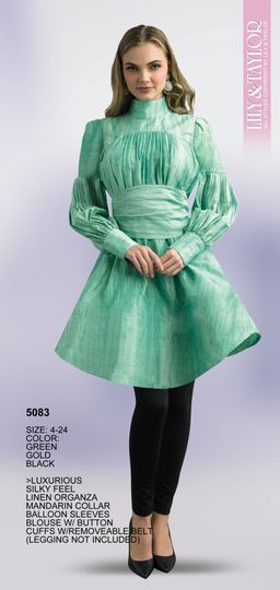 Lily & Taylor <br> (Fall/Holiday 2025 Vol. 132) <br> LT5083 <br> <br> Green  <br>  Gold  <br>  Black <br> 4 6 8 10 12 14 16 <br> 18 20 22 24<BR><BR>Luxurious Silky Feel Linen Organza Mandarin Collar Balloon Sleeves Blouse w/Button Cuffs & Removable Belt (Leggings Not Included)