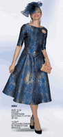 Lily & Taylor <br> (Volume 133) <br> LT5084 <br> <br> Champagne   <br>  Navy/Multi <br> 4 6 8 10 12 14 16 18 20 22 24<BR><BR>Light Jacquard Dress w/ Rhinestone Brooch