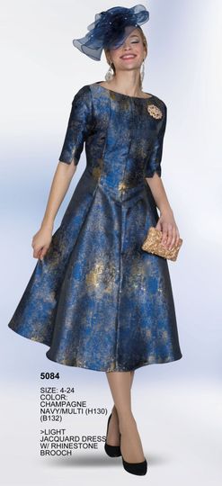 Lily & Taylor <br> (Volume 133) <br> LT5084 <br> <br> Champagne   <br>  Navy/Multi <br> 4 6 8 10 12 14 16 18 20 22 24<BR><BR>Light Jacquard Dress w/ Rhinestone Brooch