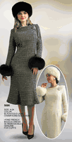 Lily & Taylor <br> (Fall/Holiday 2025 Vol. 132) <br> LT5086 <br> <br> Black/Gold  <br>  Champagne/Gold <br> 4 6 8 10 12 14 16 <br> 18 20 22 24<BR><BR>Fine French Boucle Dress w/Removable Genuine Fox Cuffs